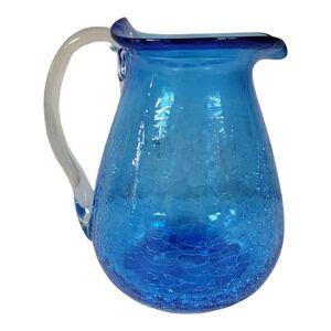 Vintage Pilgrim Blue Crackle Handblown Art Glass Mini 5" Pitcher Creamer